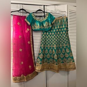 Emerald Green Satin Lehenga, Choli, and Pink Net Dupatta